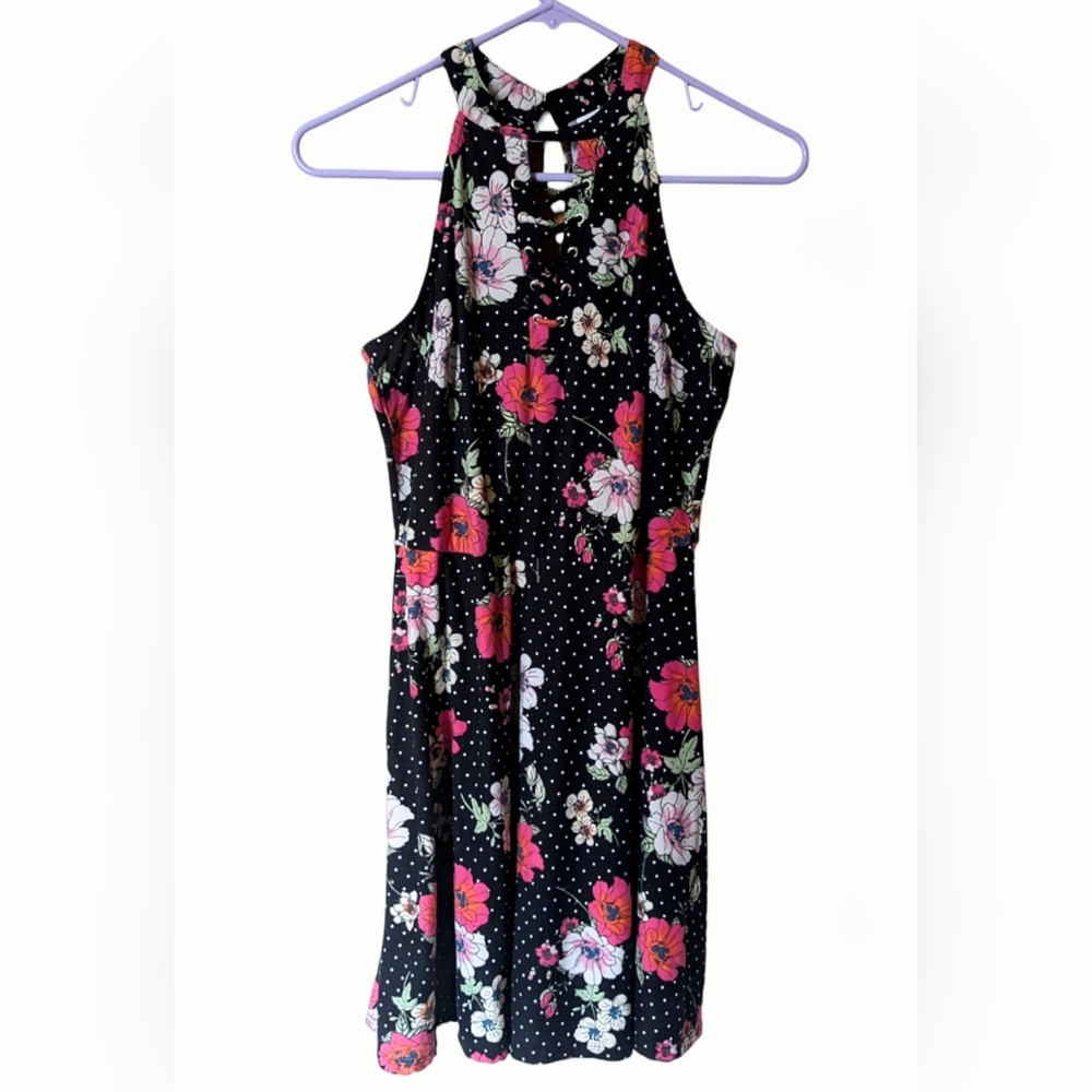 No Boundaries Women's Large Black White Polka Dot/Colorful Floral Keyhole Dress